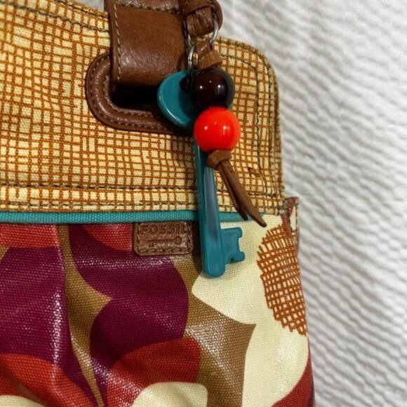 Vintage Fossil Coated Canvas Floral Theme Key Per Tote Bag Shoulder Bag‎ Purse - Picture 9 of 13